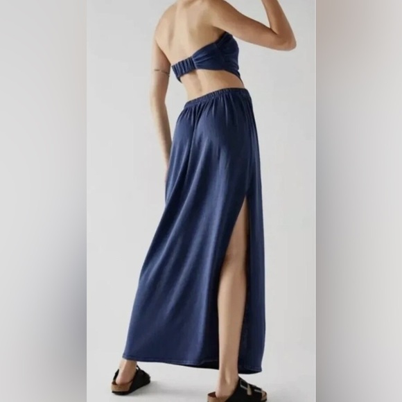 FREE PEOPLE Size Small Tangelica Maxi Vintage Strapless Cut out Solid Blue Slit - Picture 3 of 11